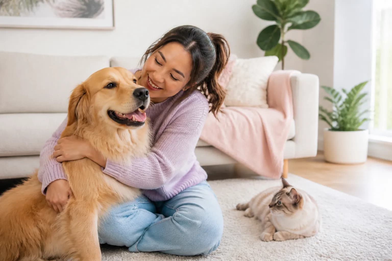 A happy pet owner relaxing with a dog and cat